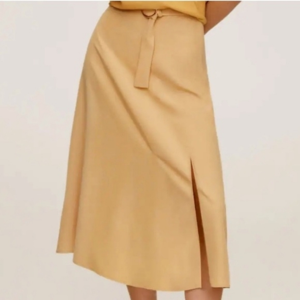 Mango Womens Slip Skirt S Butter Yellow A-Line Midi Belt Feminine Casual Office